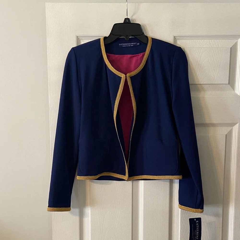 Katherine Way Women's Navy Jacket with Gold Trim made in USA length 20”bust 30” - Picture 1 of 8